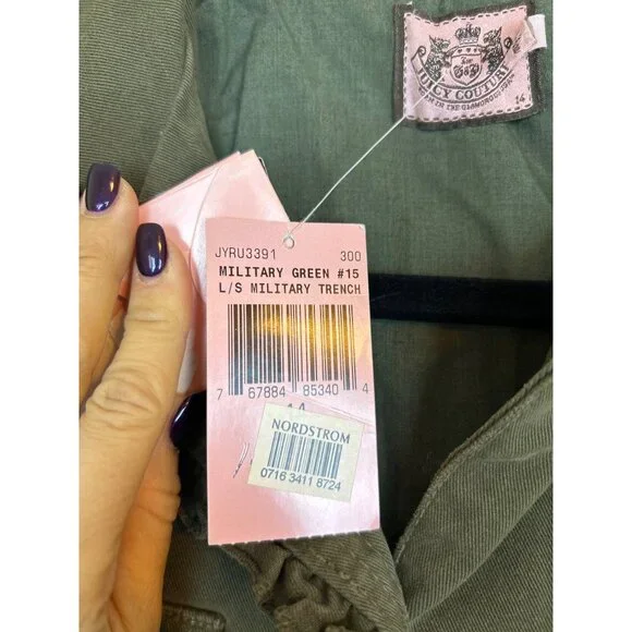 NWT Juicy Couture Y2K Youth Olive Army Green Utility Jacket Coat w Pockets Sz 14